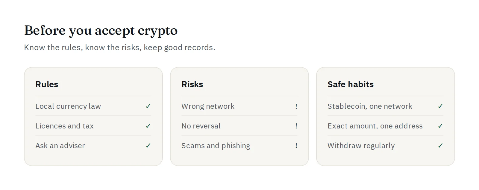 Before accepting crypto: check the rules, know the risks, follow safe habits