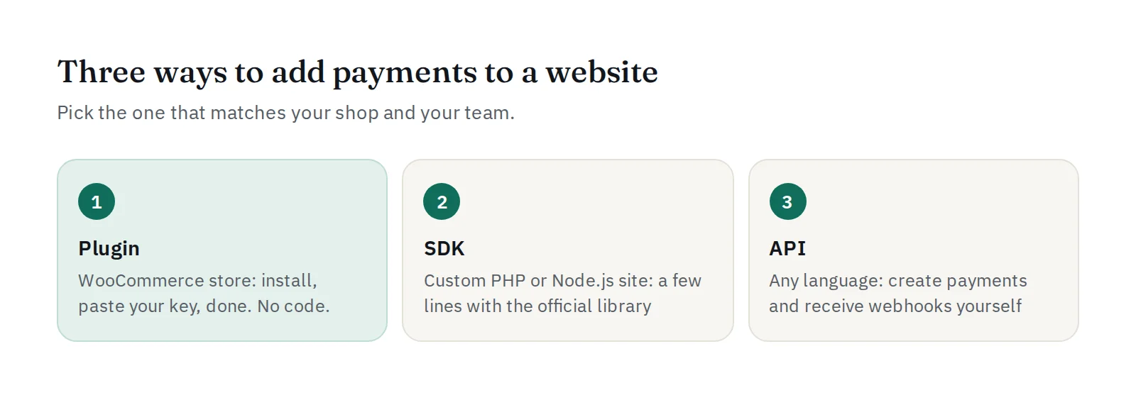 Three ways to add payments to a website: plugin, SDK or API