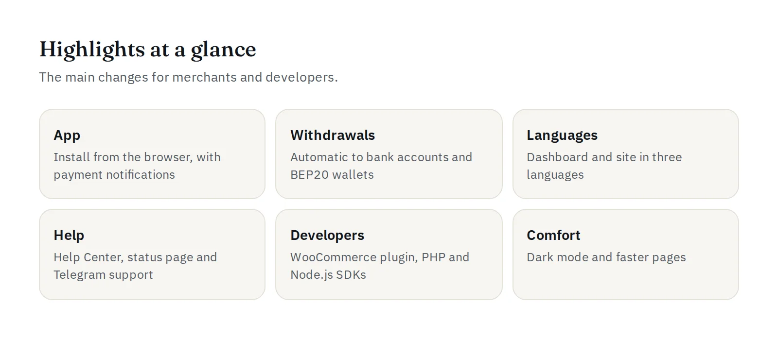 Highlights: app, withdrawals, languages, help, developer tools and dark mode